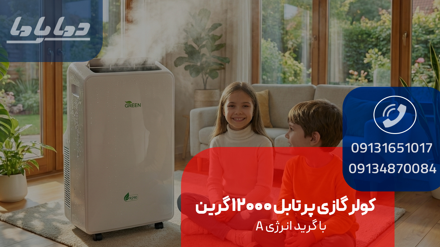 کولر گازی پرتابل 12000 گرین مدل GPS-H12P1T1A-MA و محل خروجی لوله هوای گرم و فیلترهای قابل شستشو